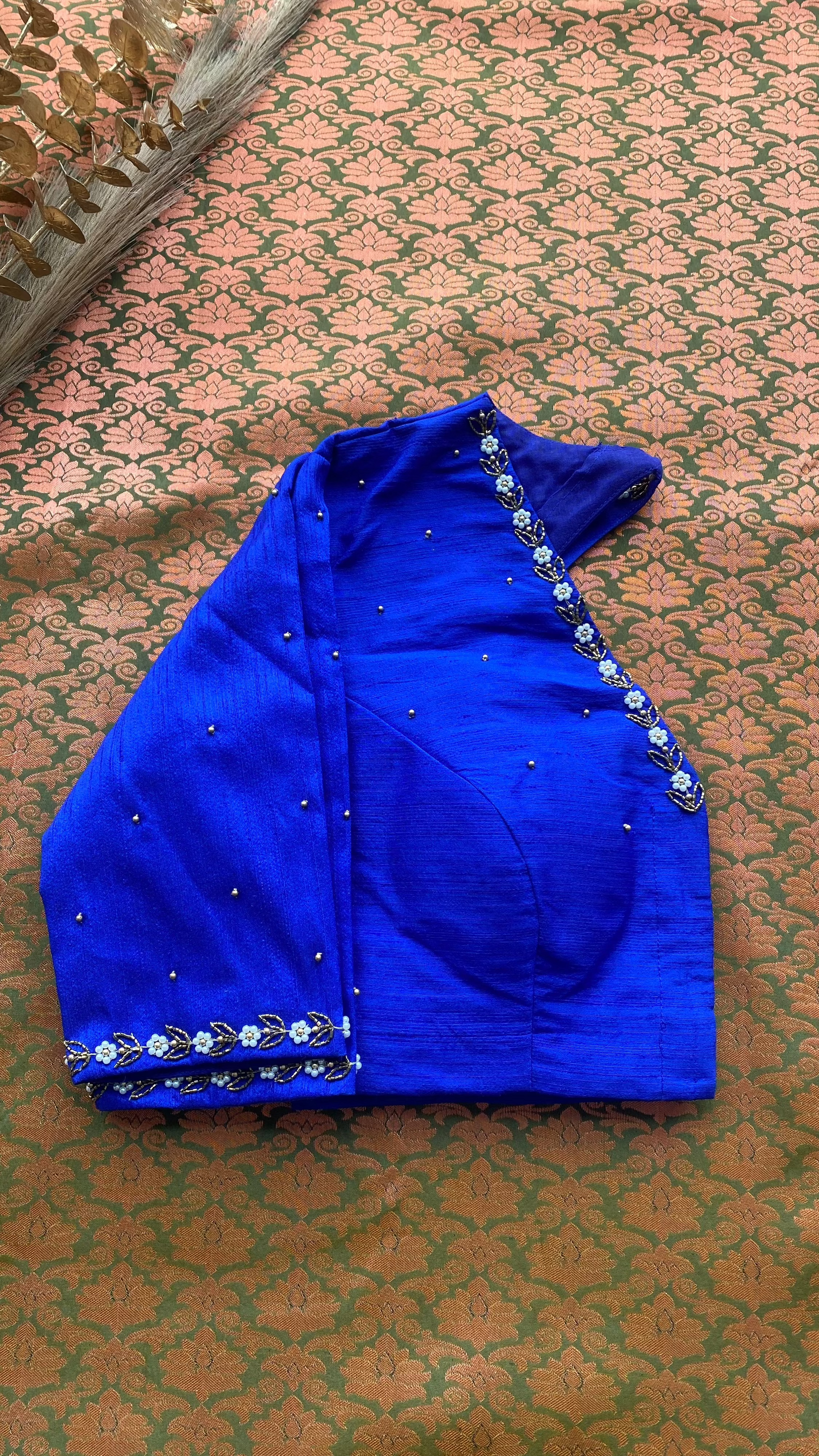 Parrot green and blue silk saree with hand work blouse