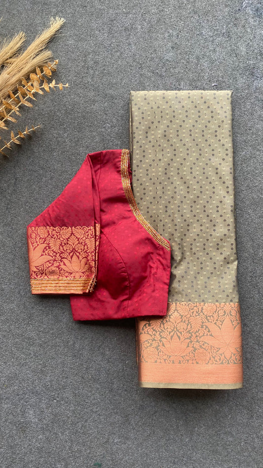 Grey and maroon silk saree with hand work blouse