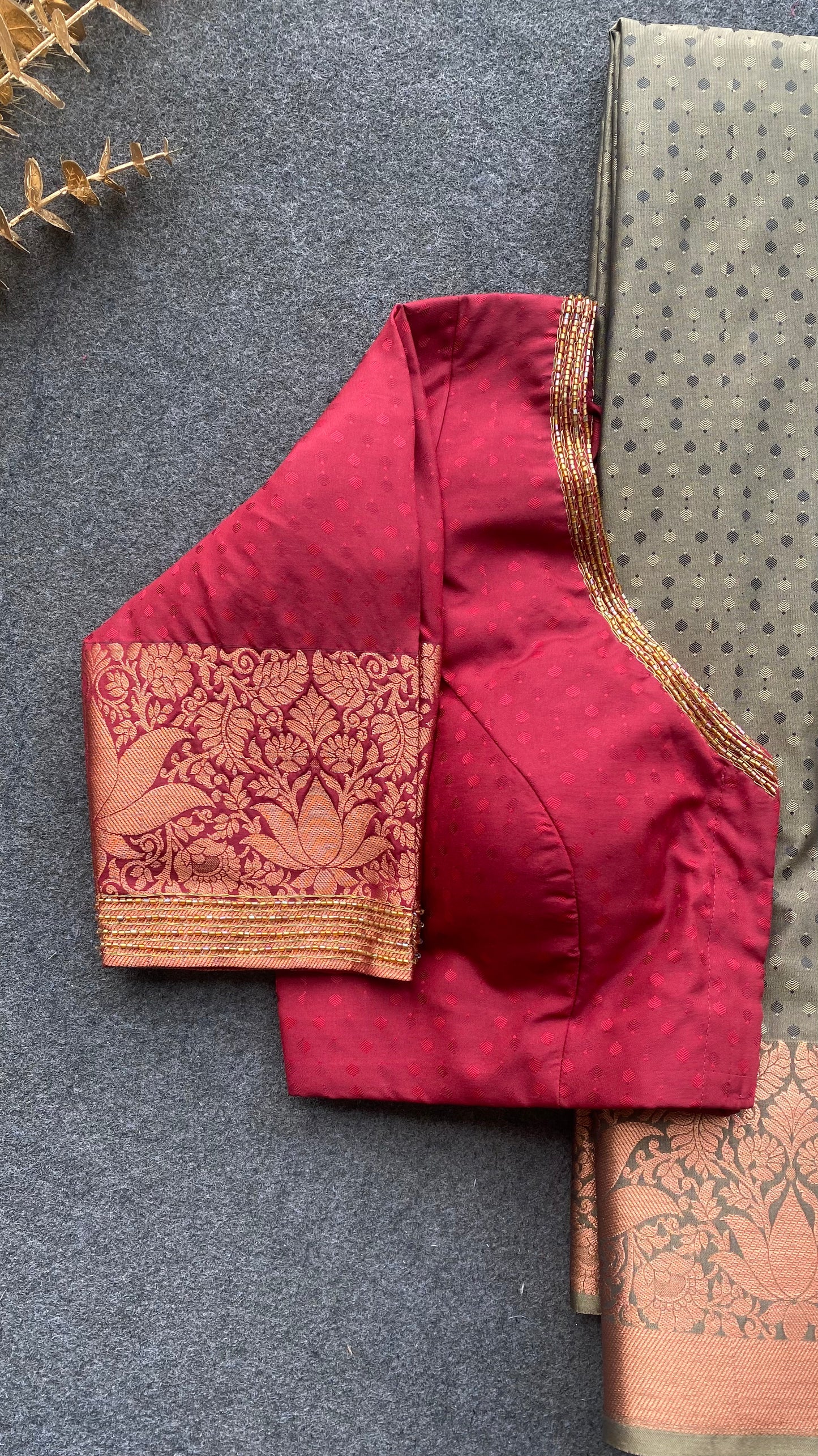 Grey and maroon silk saree with hand work blouse