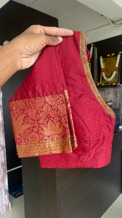 Grey and maroon silk saree with hand work blouse