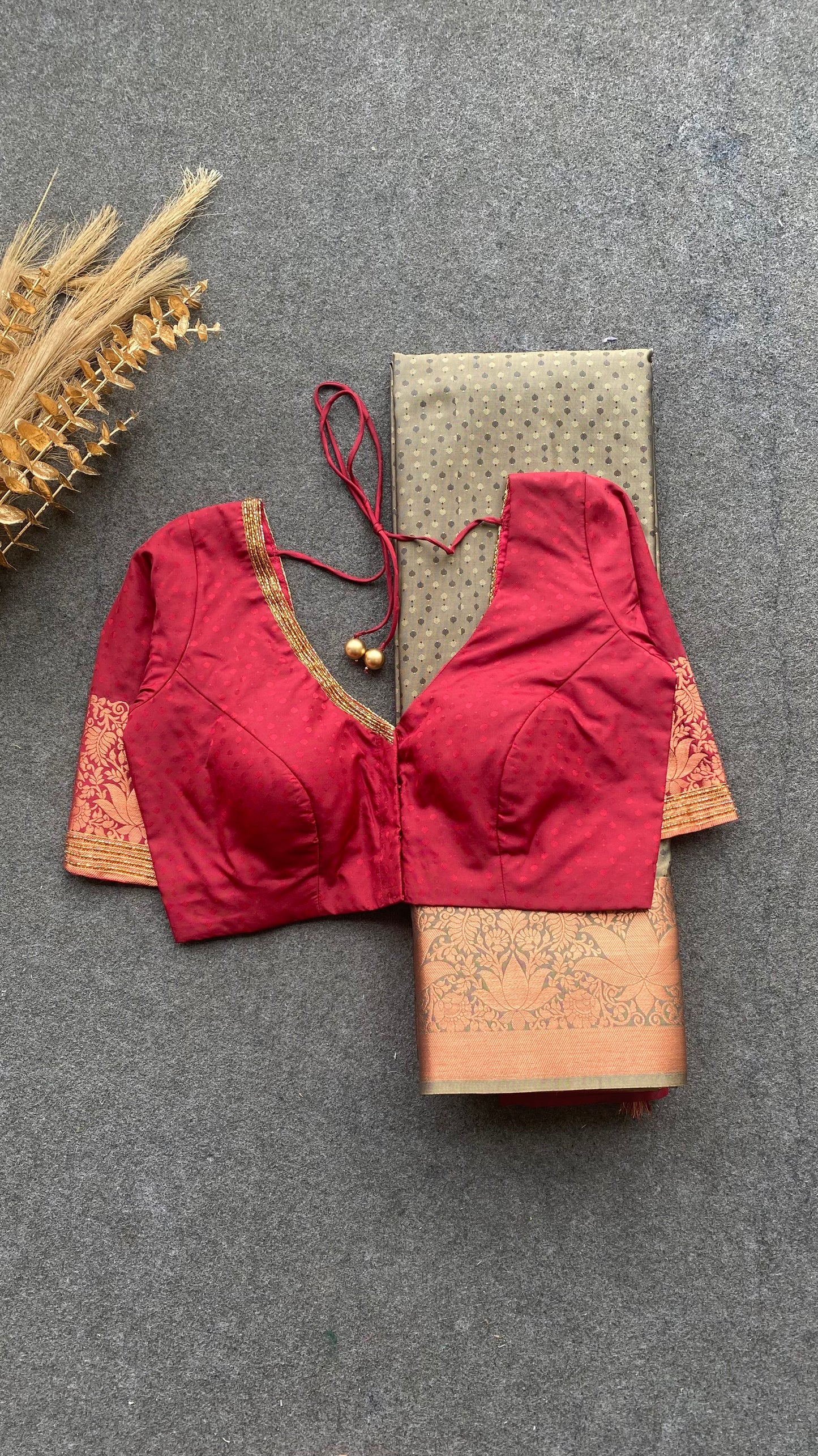 Grey and maroon silk saree with hand work blouse