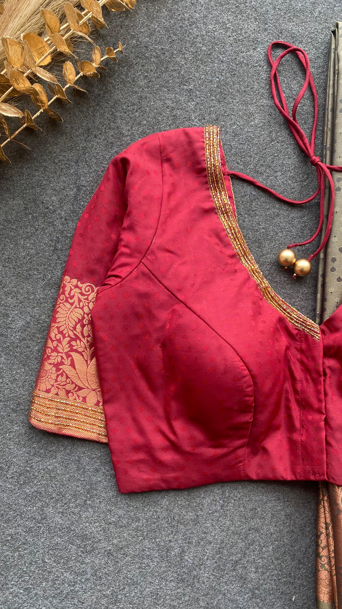 Grey and maroon silk saree with hand work blouse