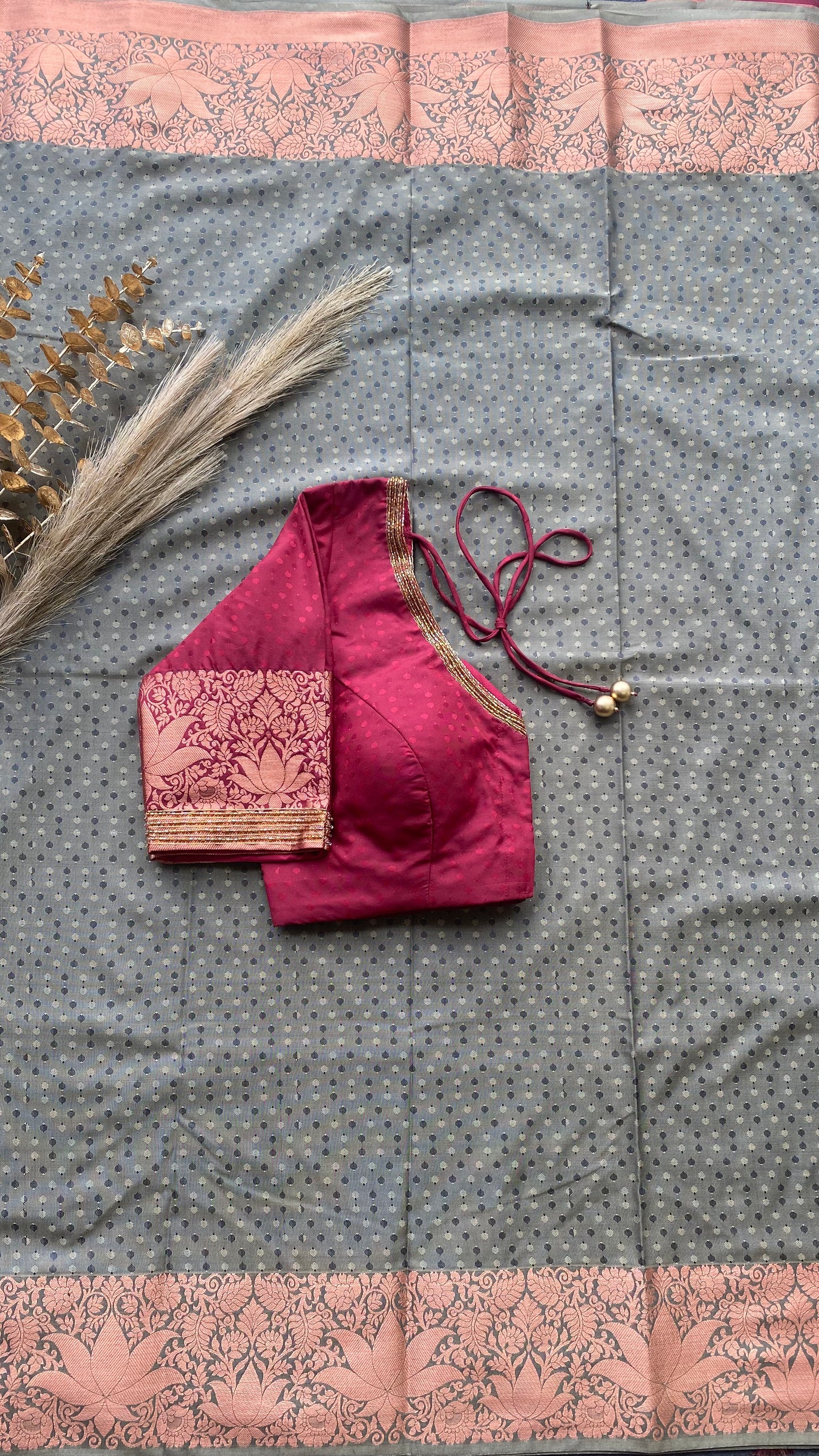 Grey and maroon silk saree with hand work blouse