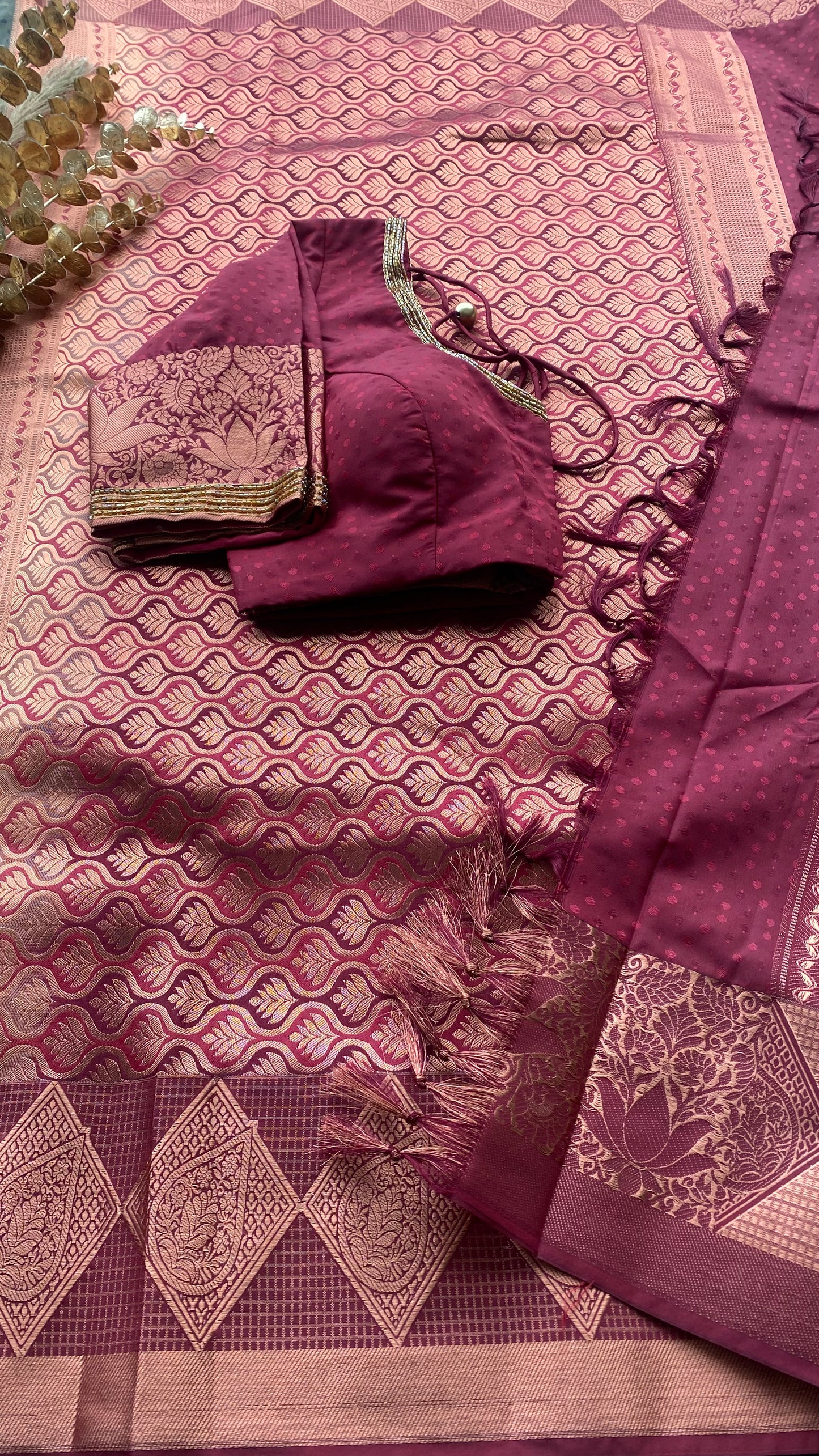 Grey and maroon silk saree with hand work blouse