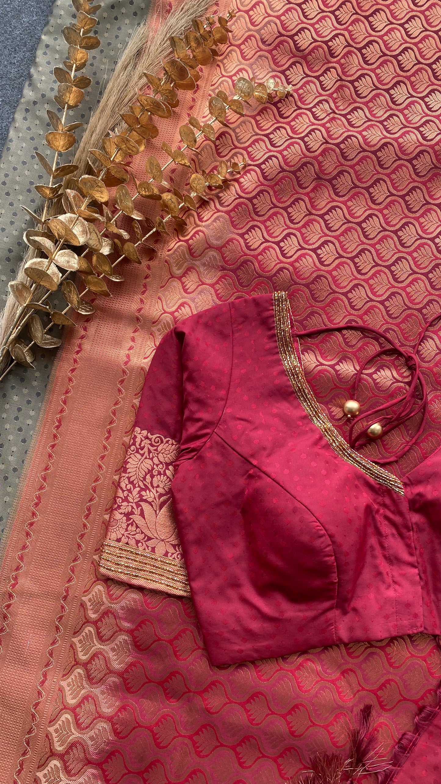 Grey and maroon silk saree with hand work blouse