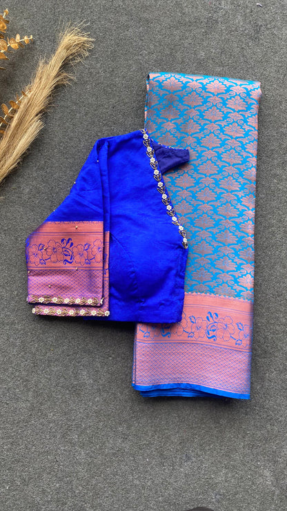 Sea blue and blue silk saree with hand work blouse