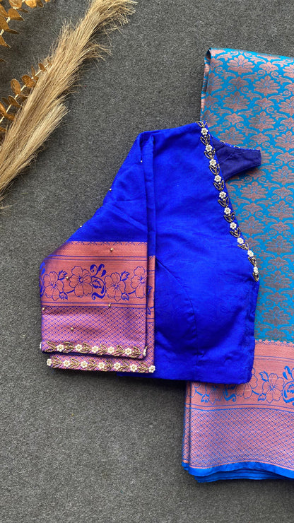 Sea blue and blue silk saree with hand work blouse