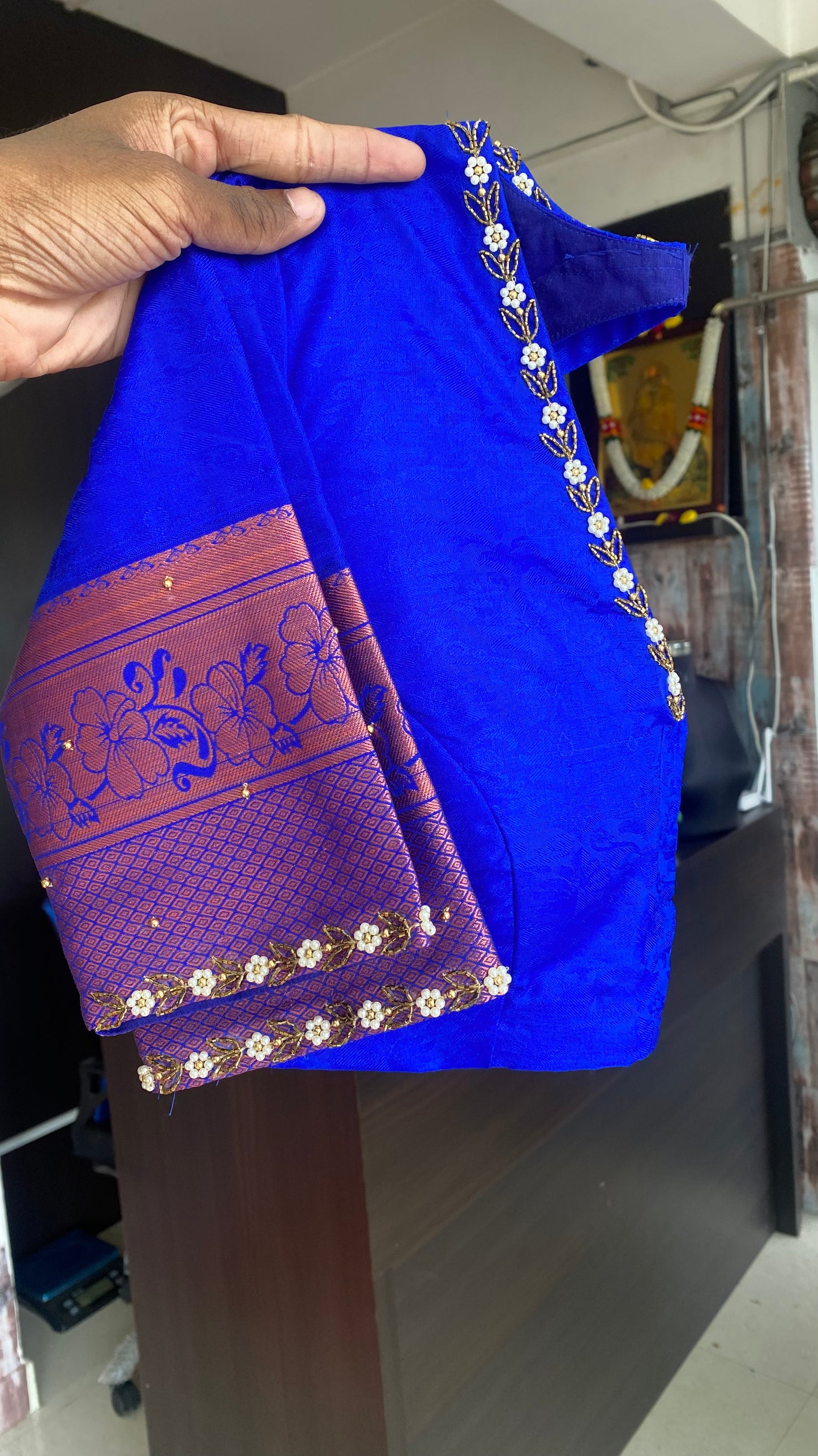 Sea blue and blue silk saree with hand work blouse