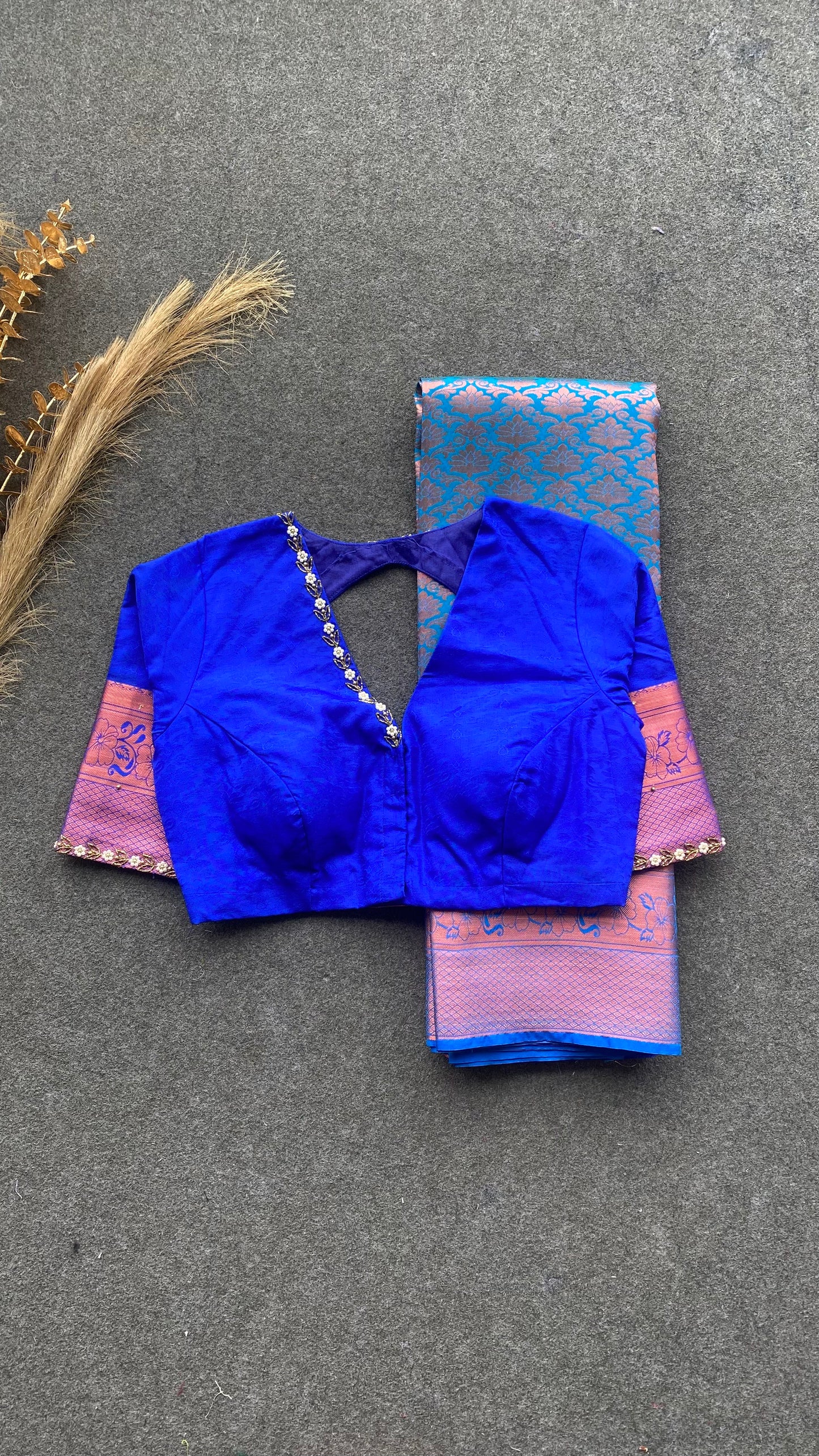 Sea blue and blue silk saree with hand work blouse