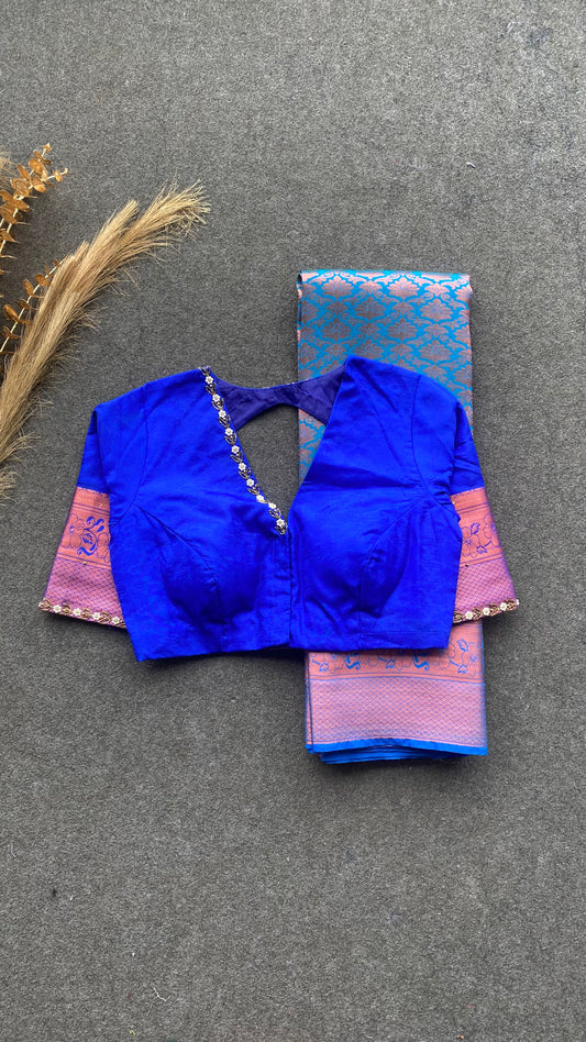 Sea blue and blue silk saree with hand work blouse