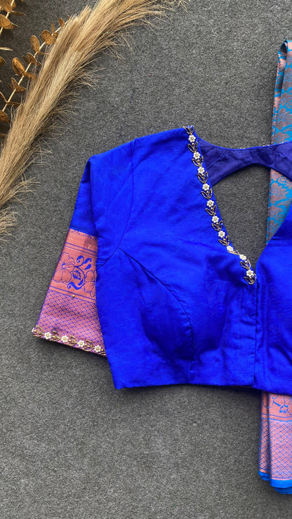 Sea blue and blue silk saree with hand work blouse