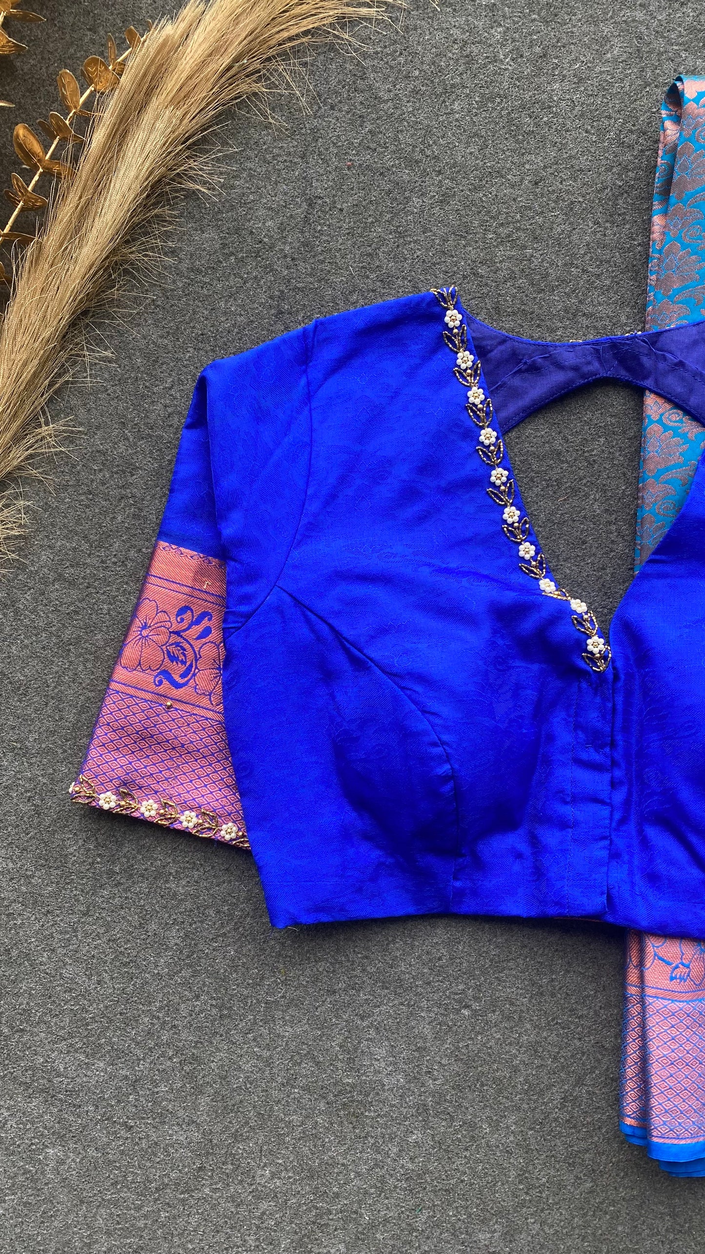 Sea blue and blue silk saree with hand work blouse