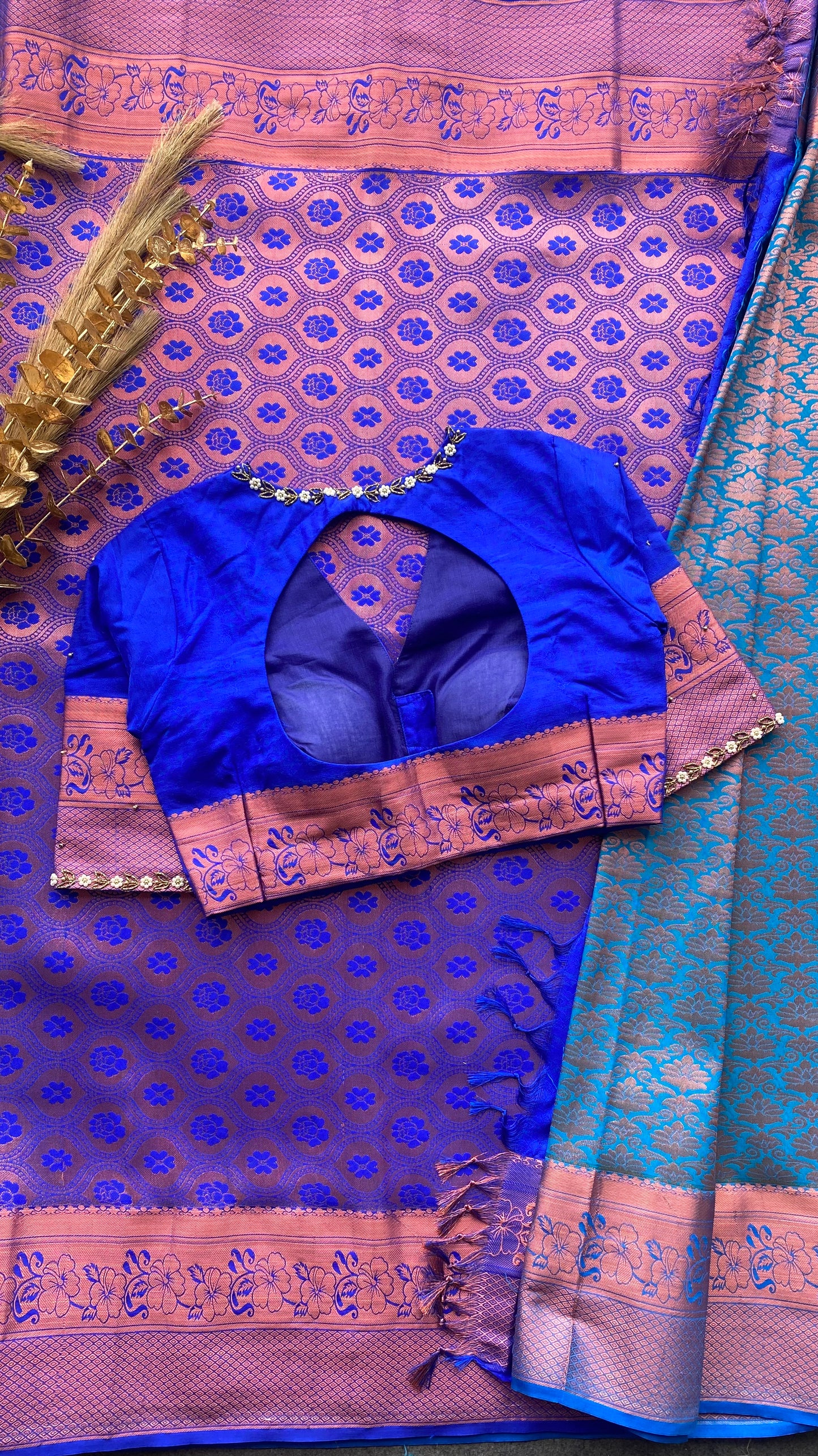 Sea blue and blue silk saree with hand work blouse