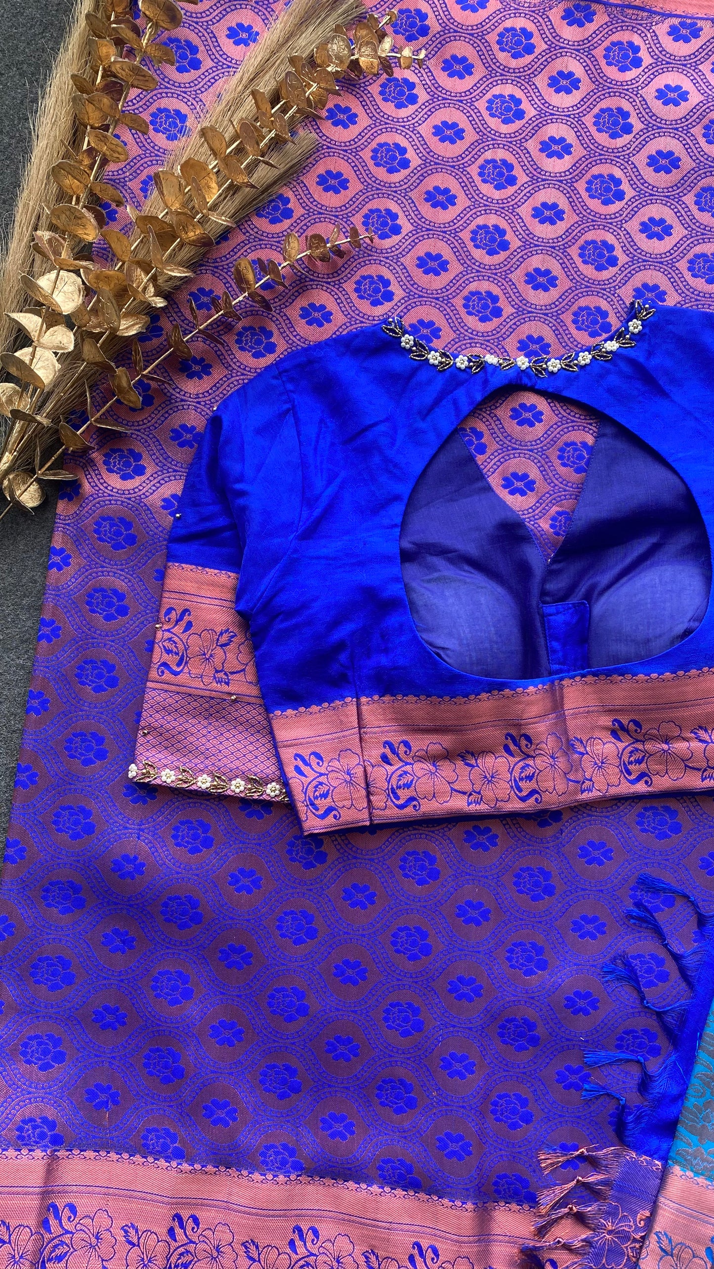 Sea blue and blue silk saree with hand work blouse