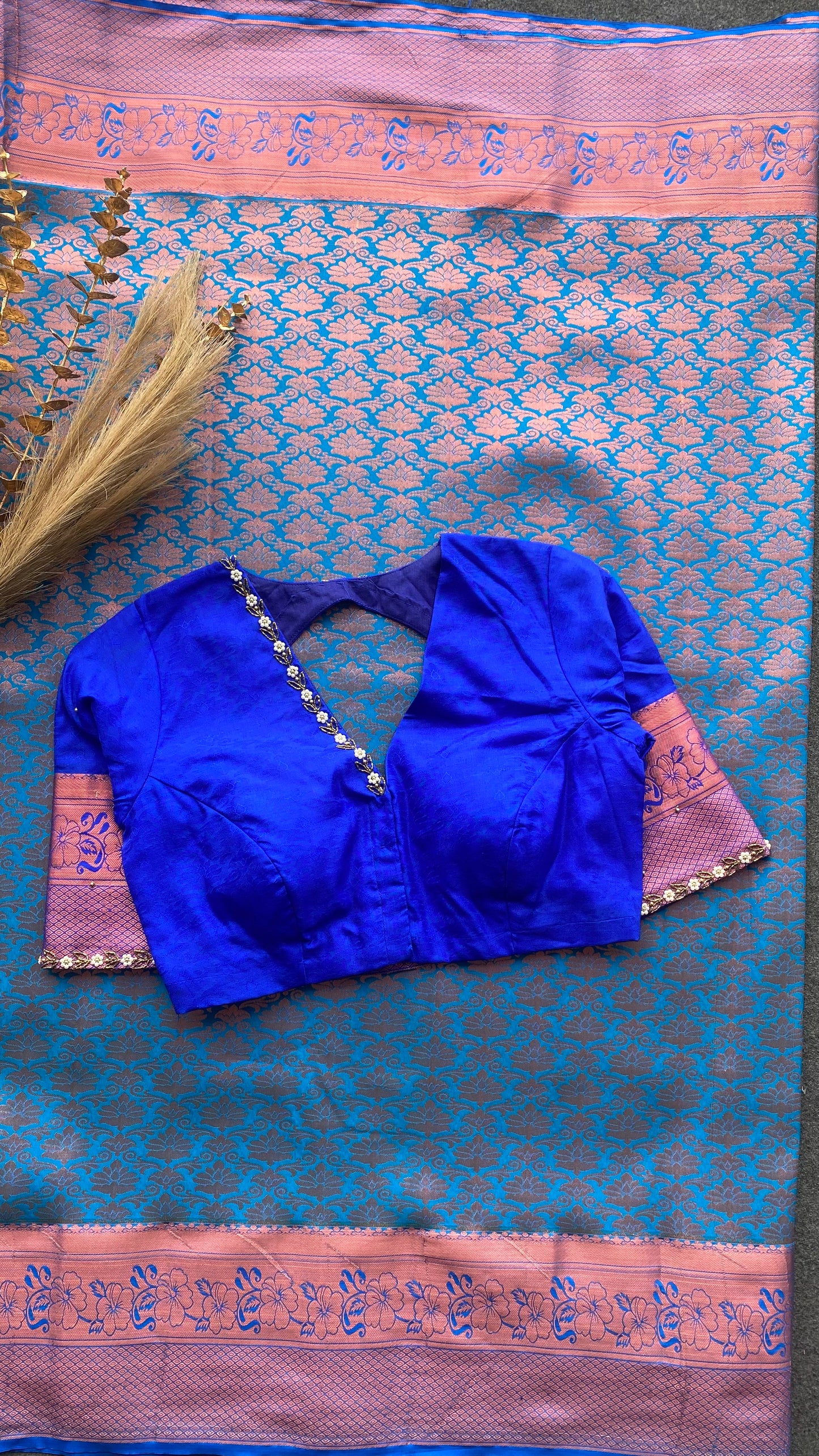 Sea blue and blue silk saree with hand work blouse