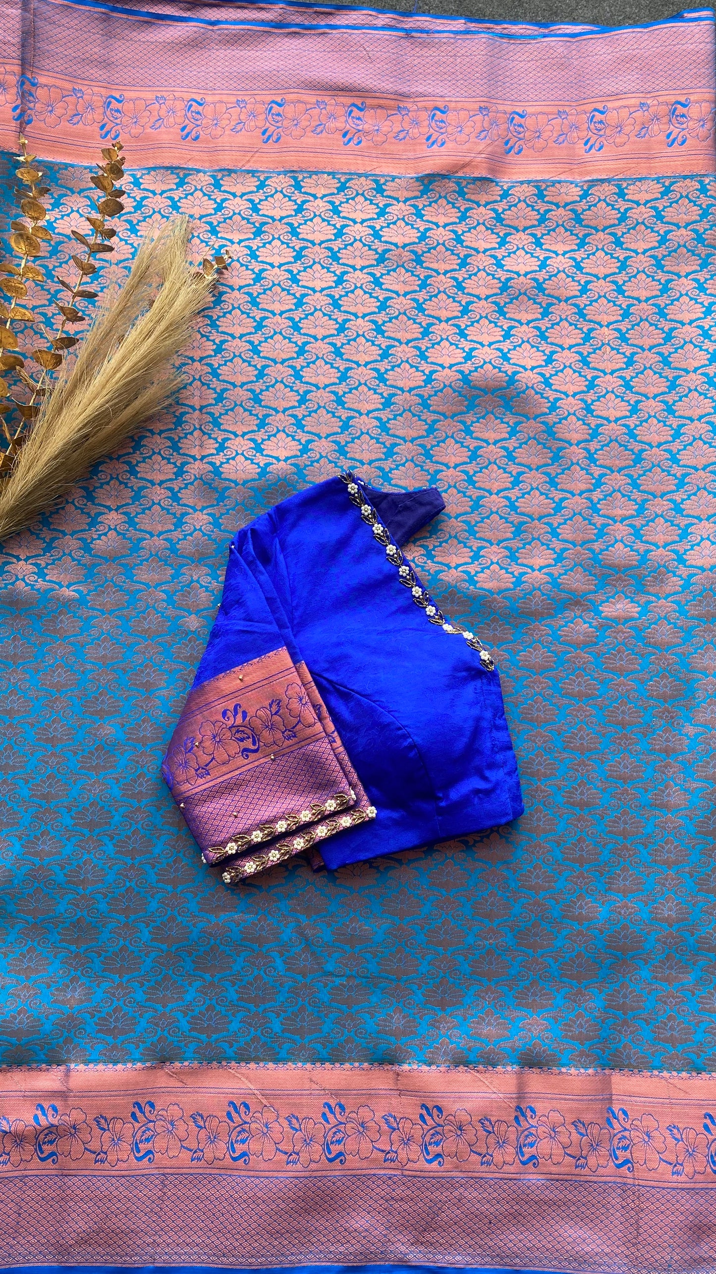 Sea blue and blue silk saree with hand work blouse