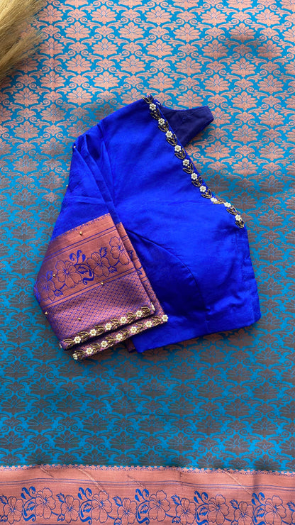 Sea blue and blue silk saree with hand work blouse