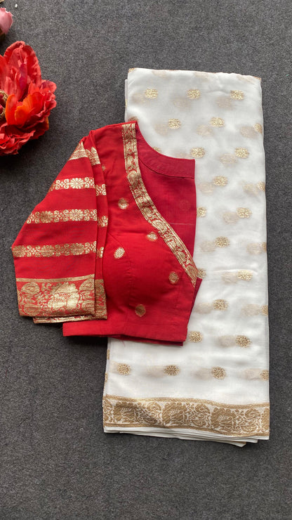 White georgette saree red zari work blouse