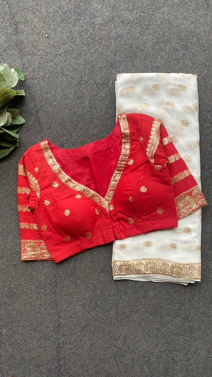 White georgette saree red zari work blouse