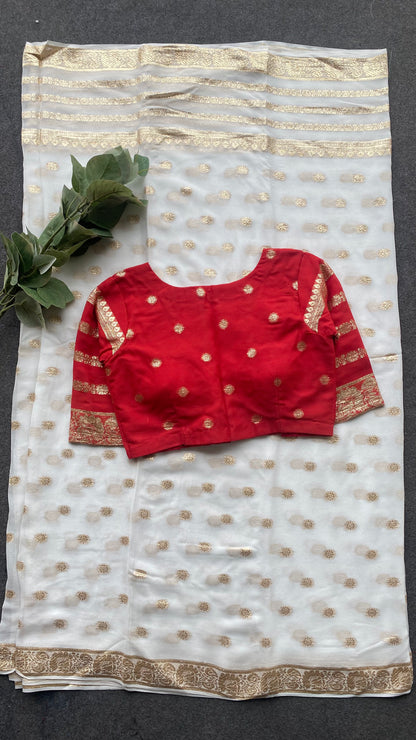 White georgette saree red zari work blouse