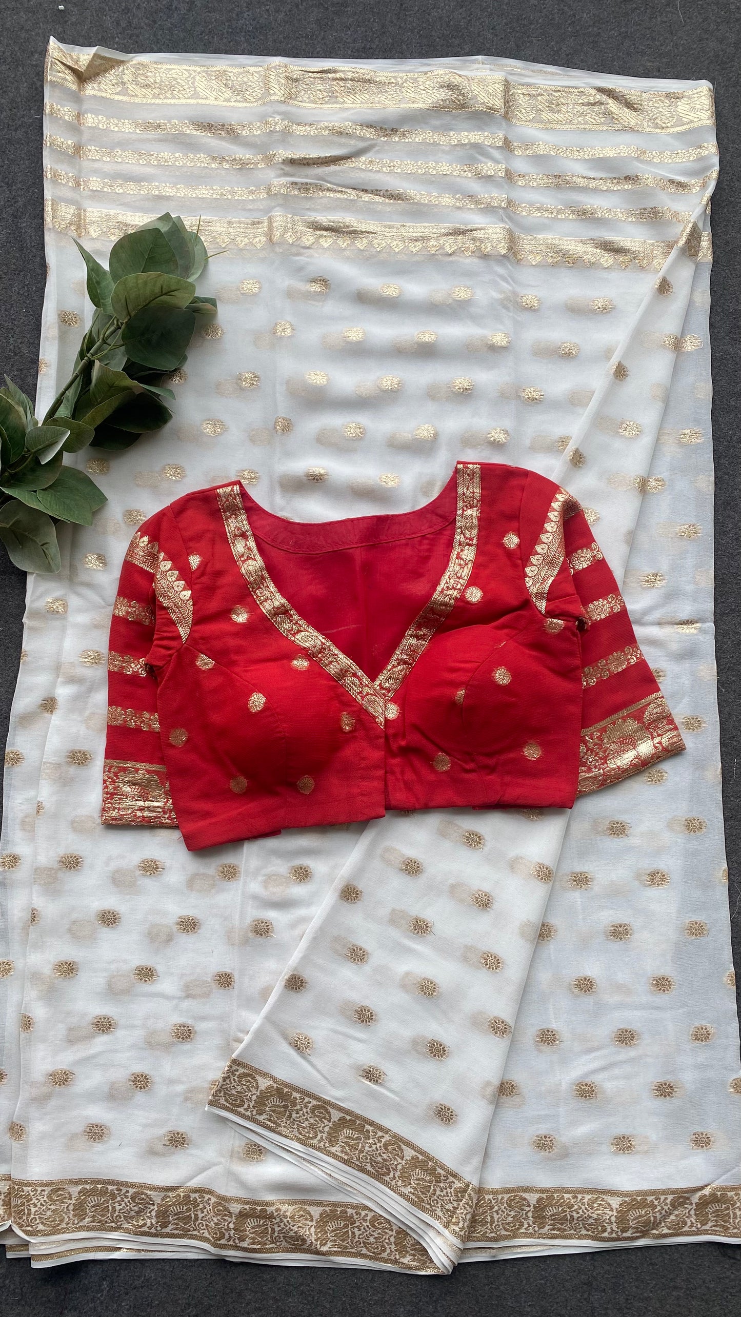 White georgette saree red zari work blouse