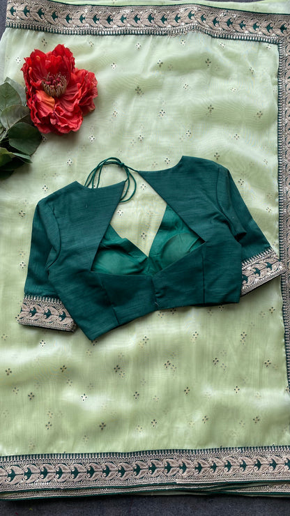 Mint organza embroidered saree with blouse