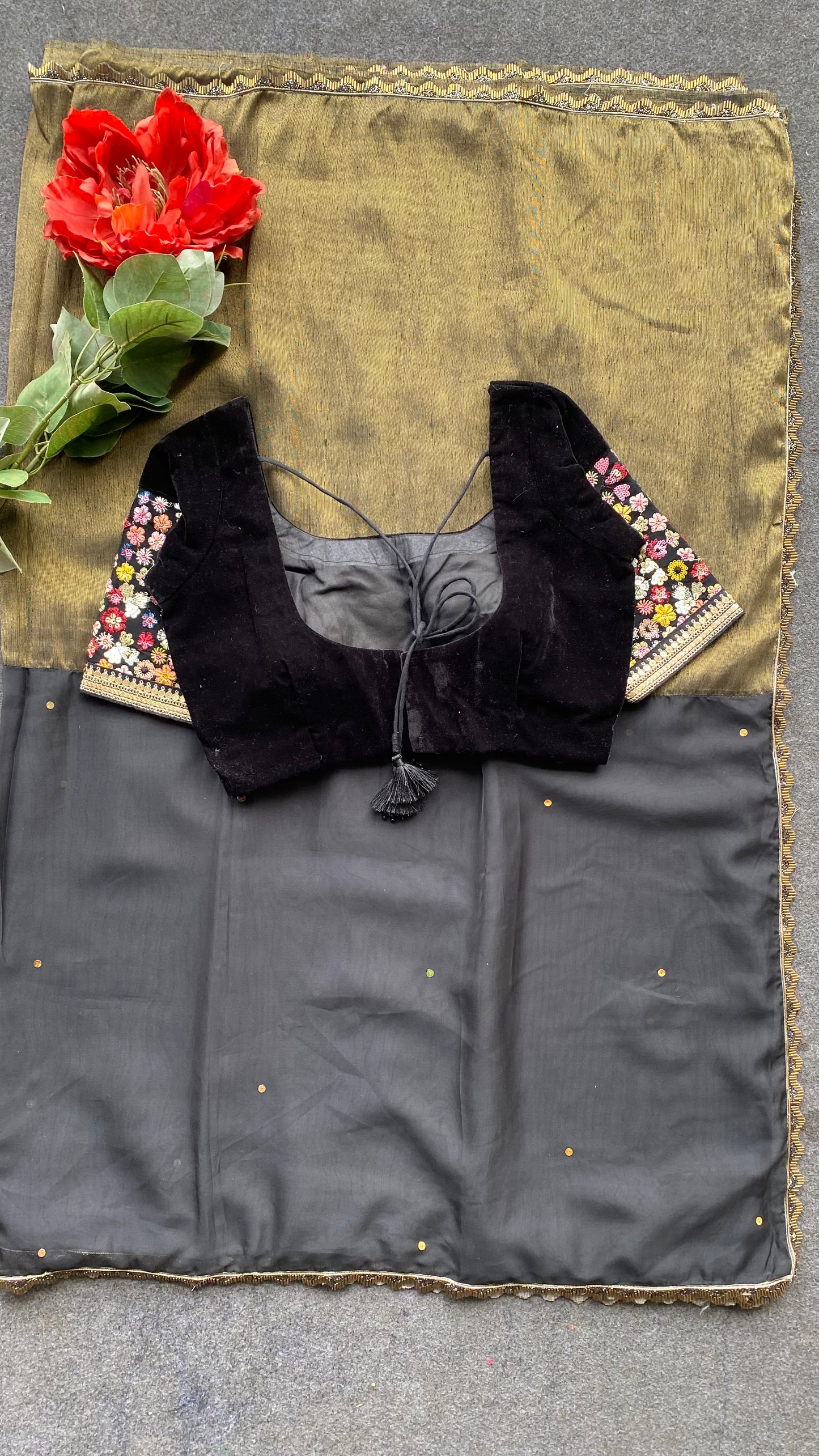 Black & gold tissue saree with embroidery blouse