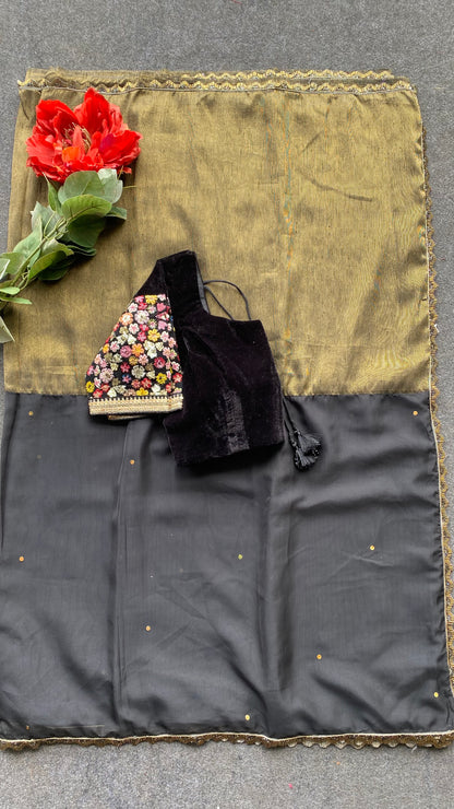 Black & gold tissue saree with embroidery blouse