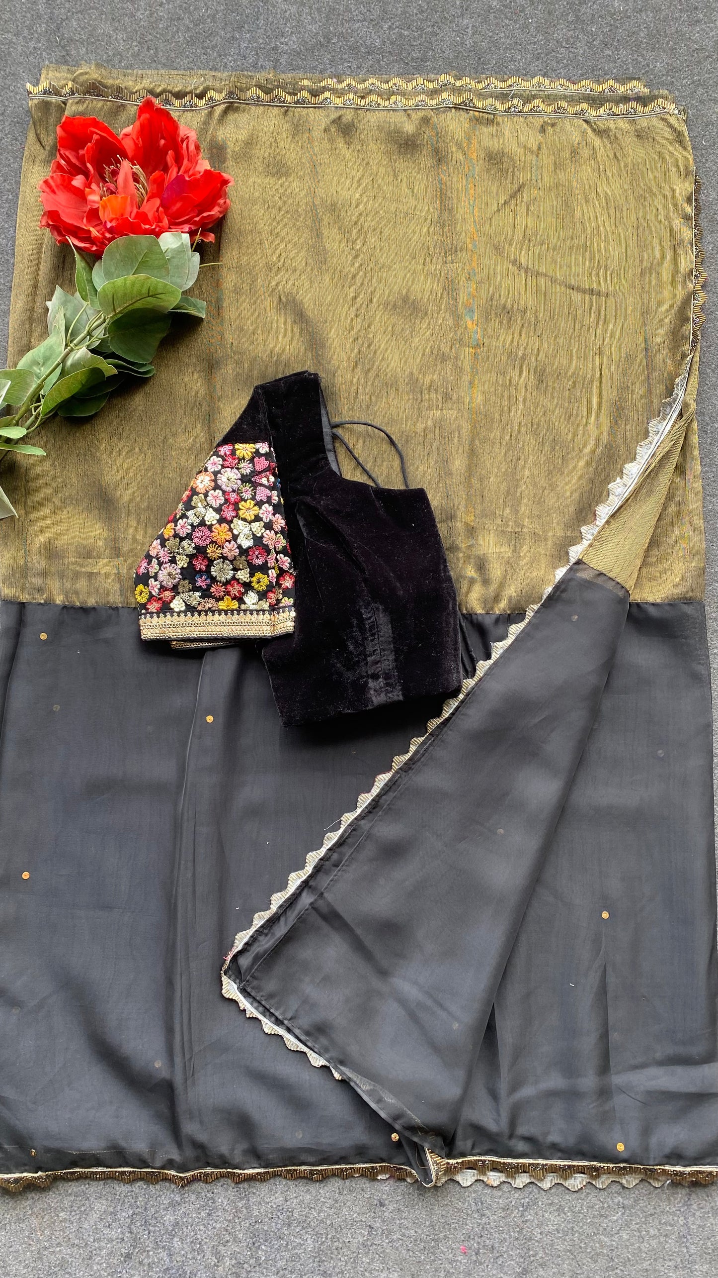 Black & gold tissue saree with embroidery blouse