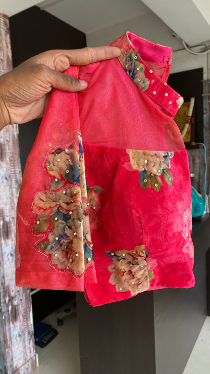 Pink crepe saree with floral velvet hand work blouse