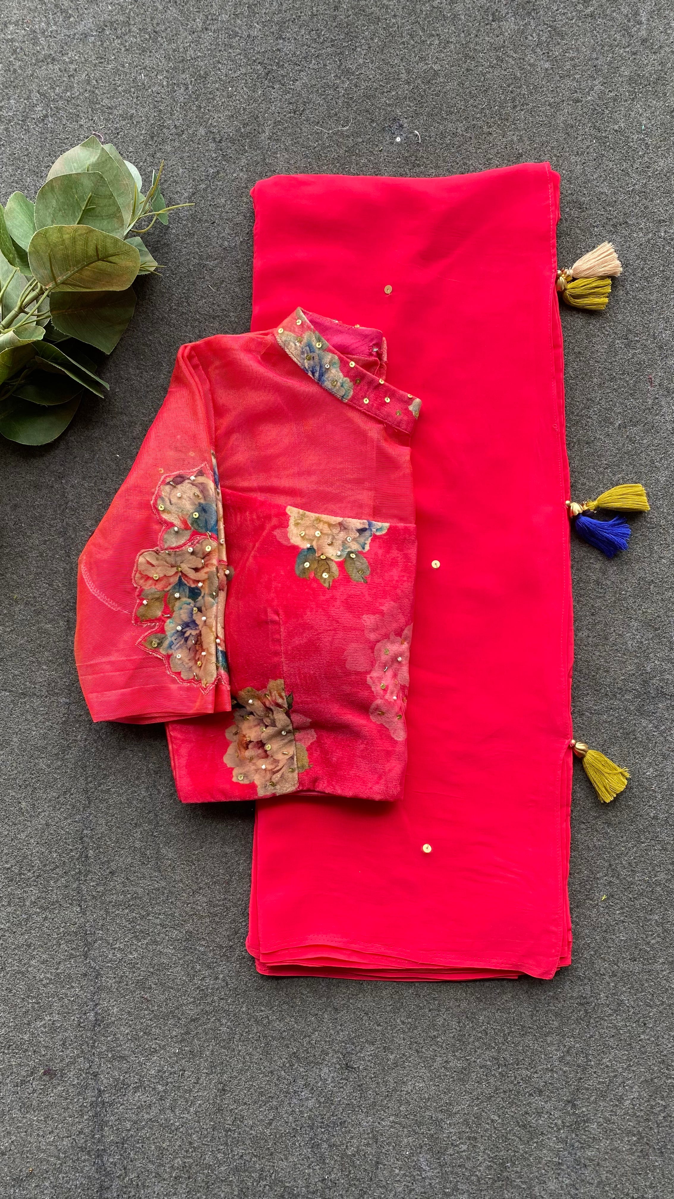 Pink crepe saree with floral velvet hand work blouse
