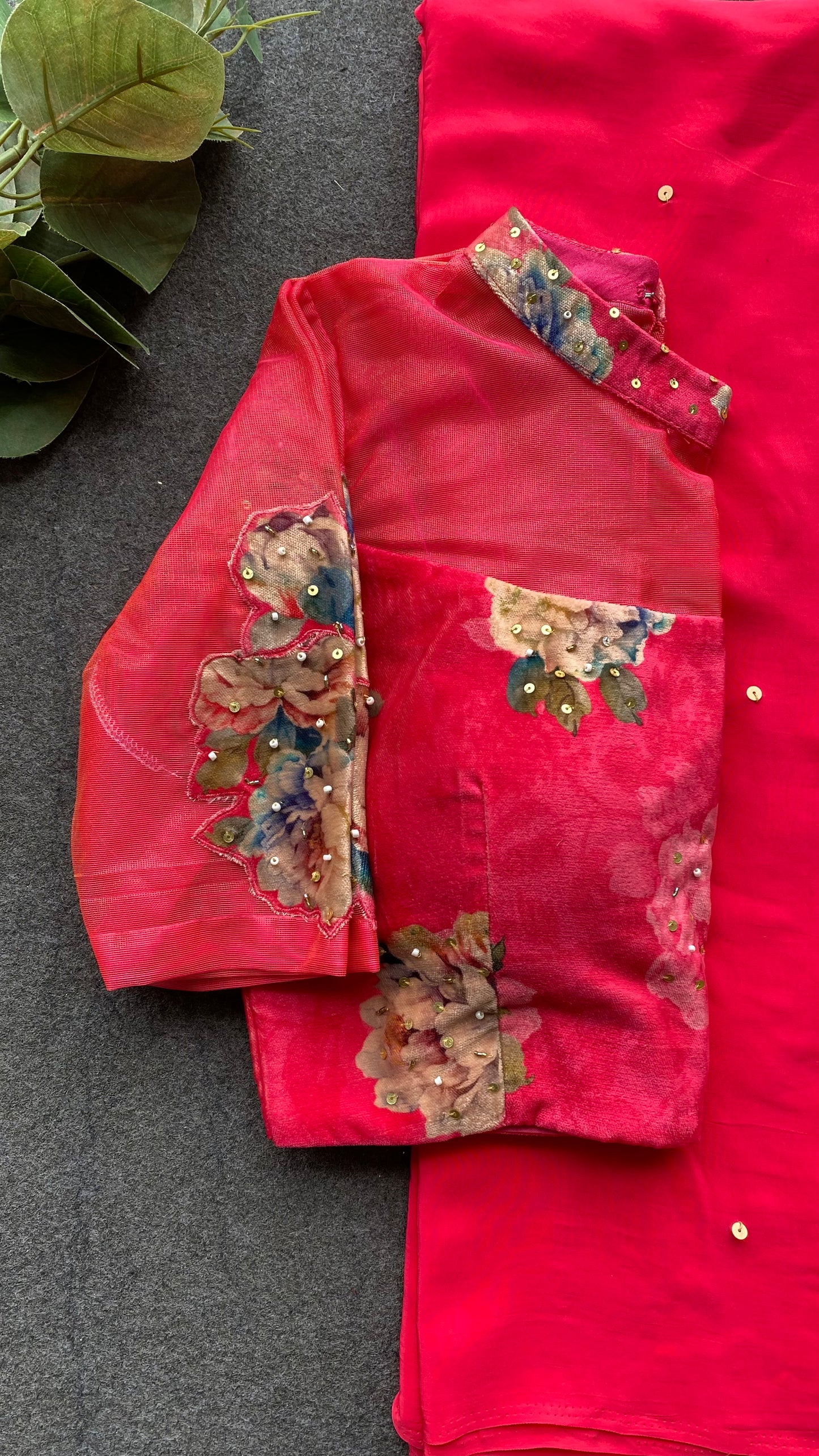 Pink crepe saree with floral velvet hand work blouse