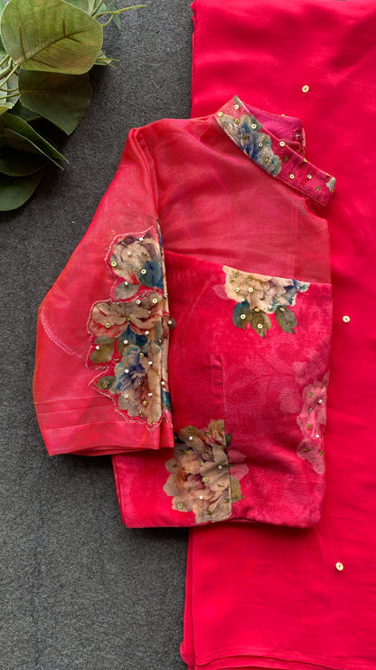 Pink crepe saree with floral velvet hand work blouse