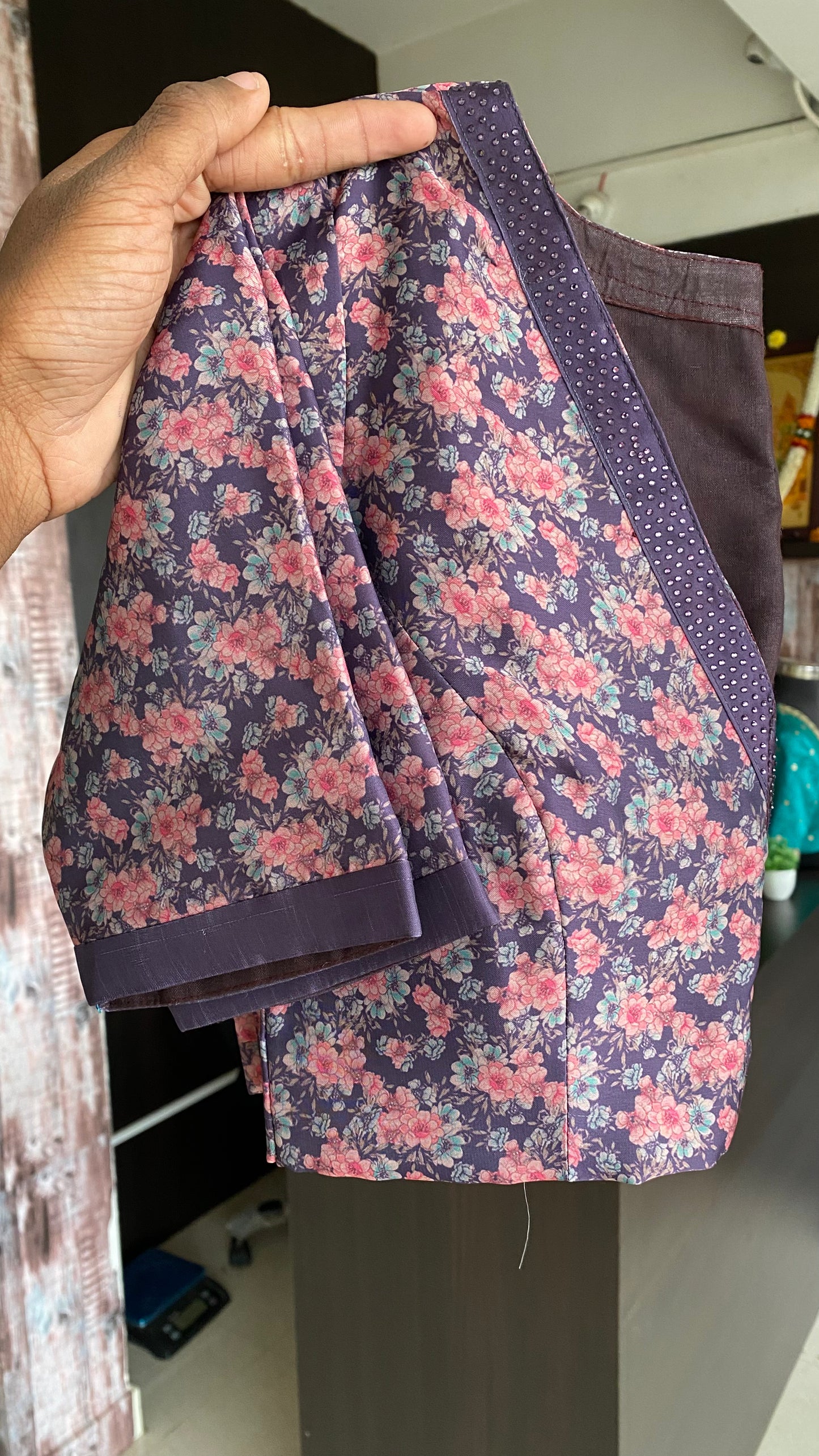 Deep purple floral saree with embroidery blouse