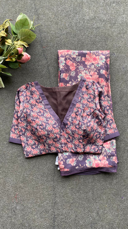 Deep purple floral saree with embroidery blouse