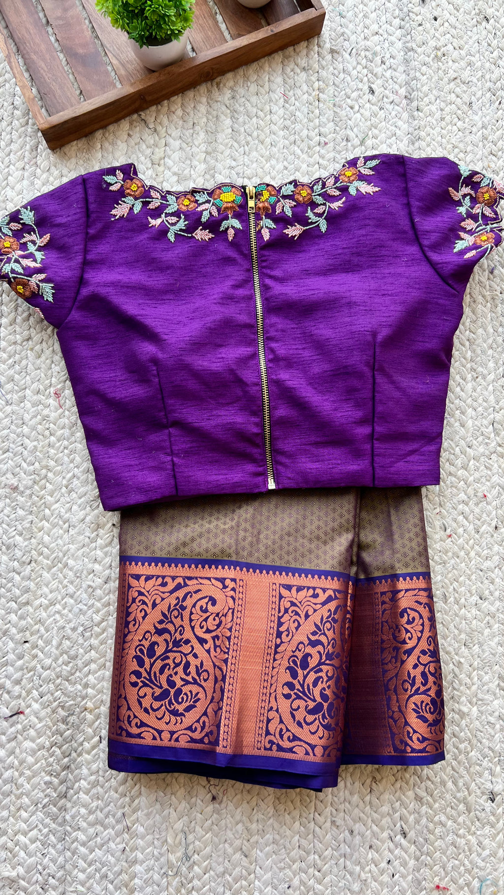 Chocolate brown silk saree with hand worked blouse