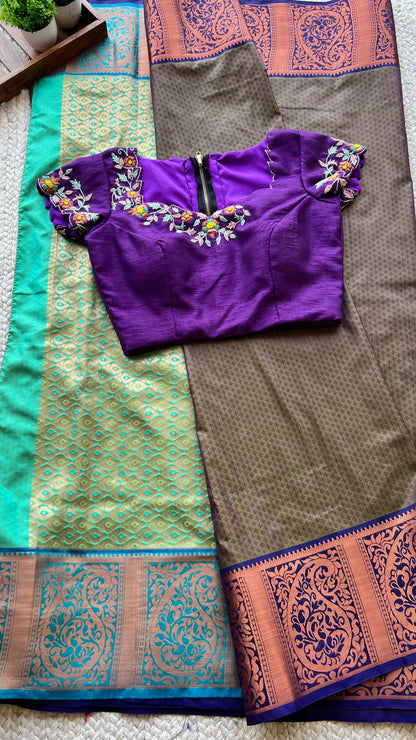 Chocolate brown silk saree with hand worked blouse