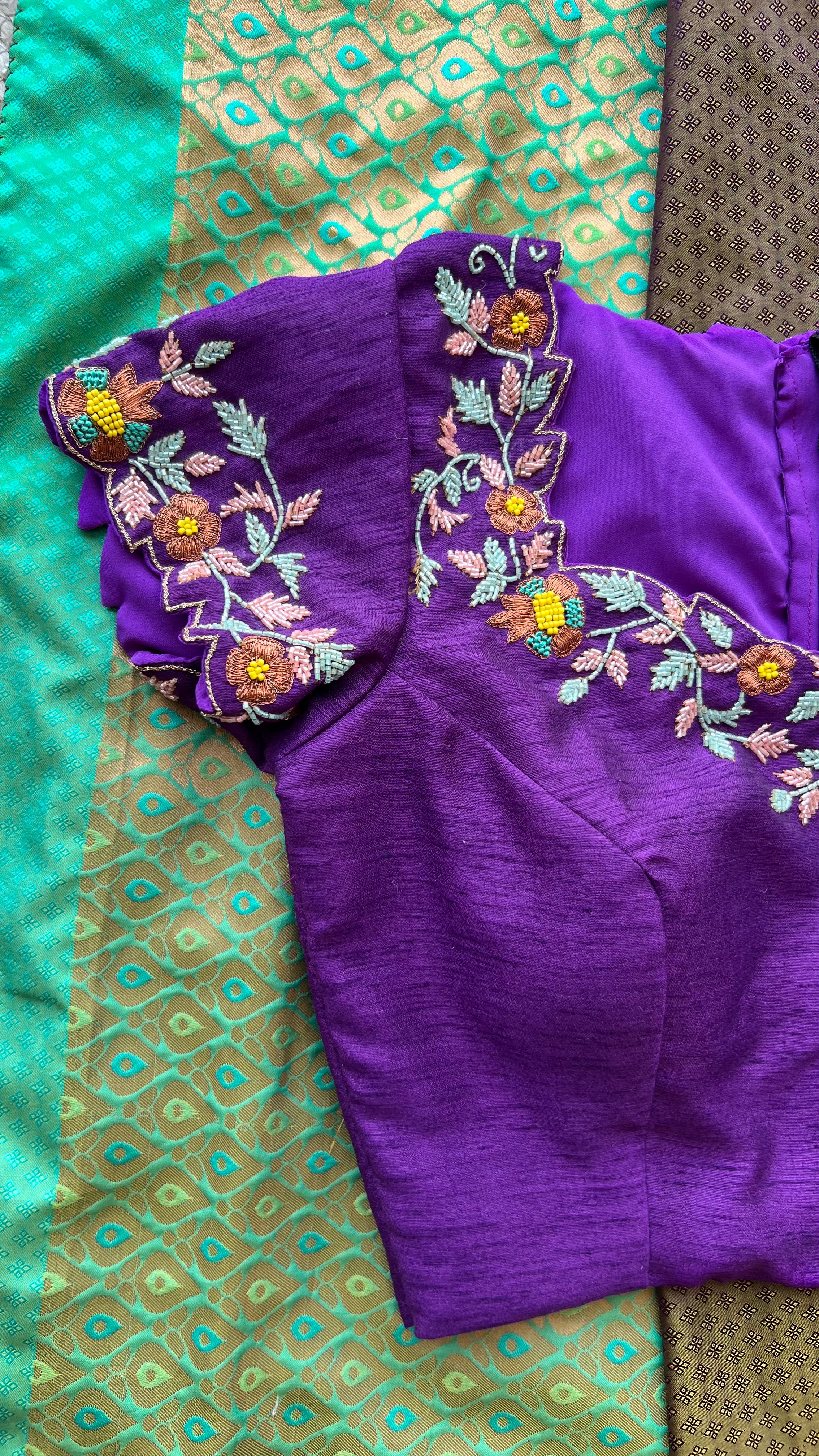 Chocolate brown silk saree with hand worked blouse