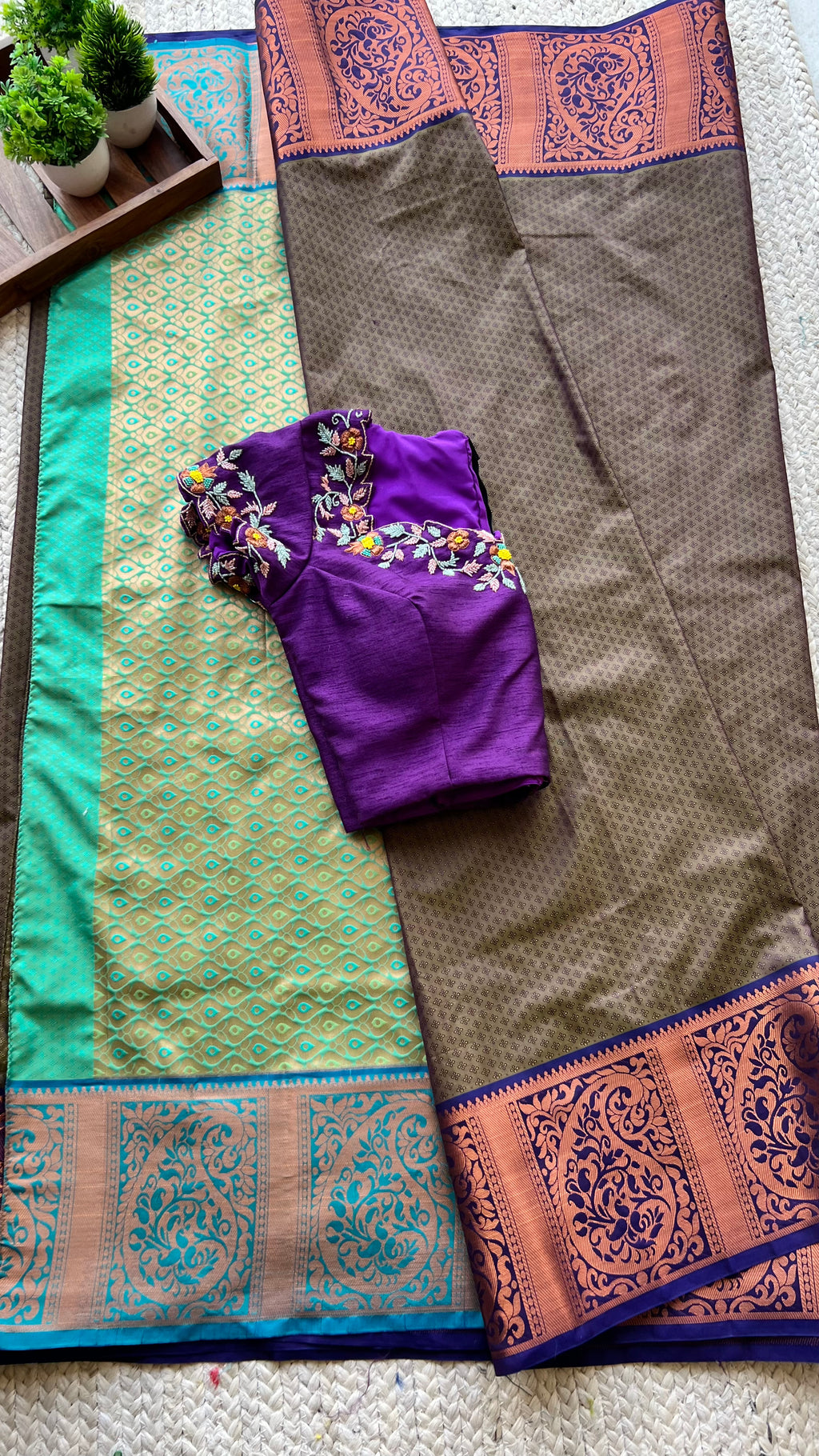 Chocolate brown silk saree with hand worked blouse