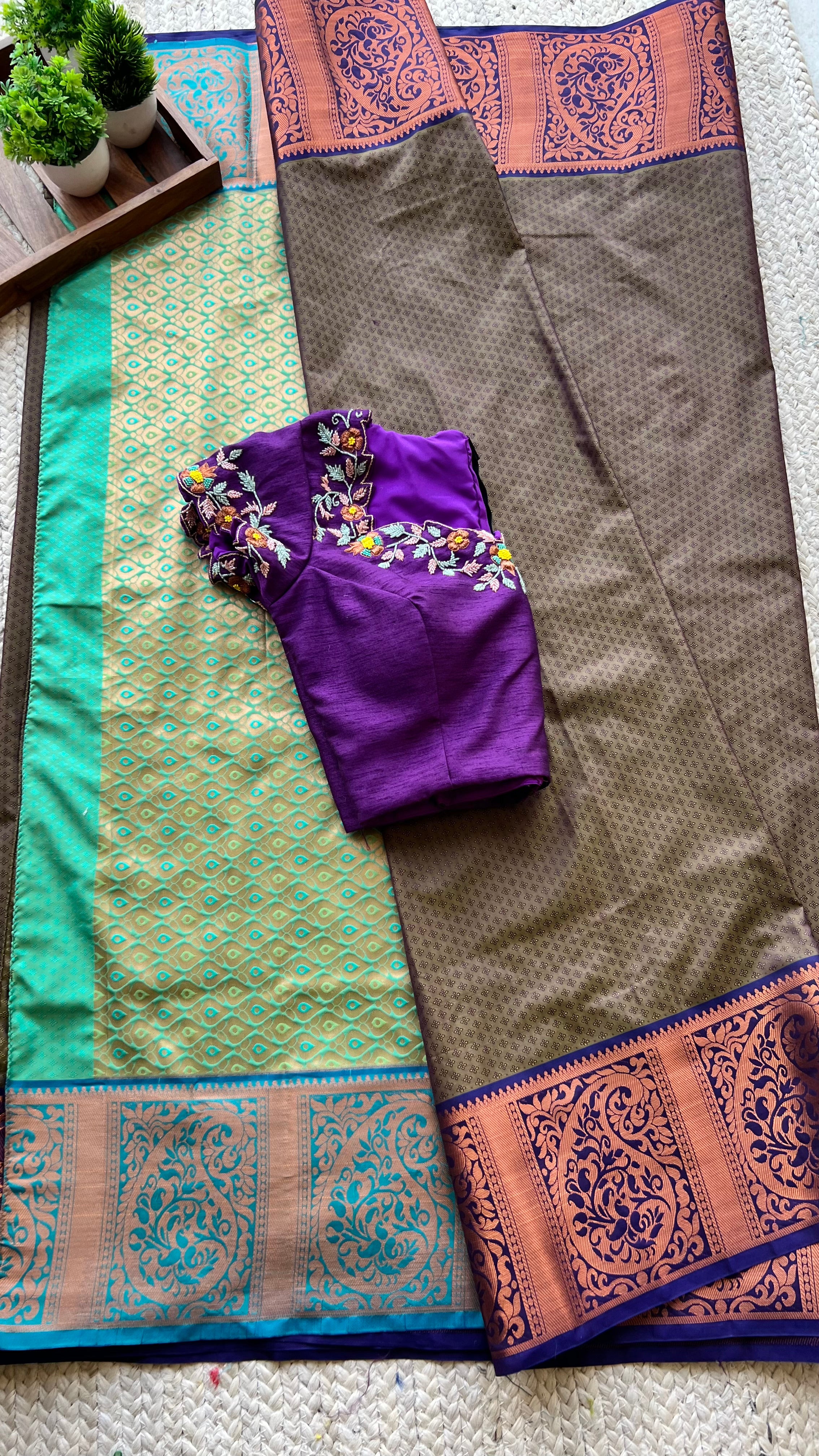 Chocolate brown silk saree with hand worked blouse