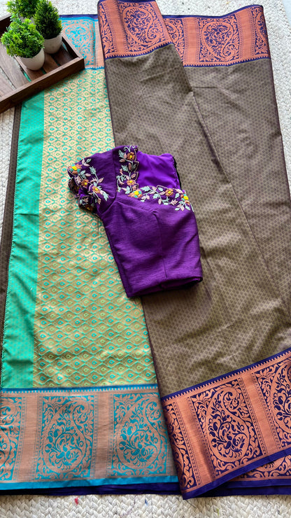 Chocolate brown silk saree with hand worked blouse