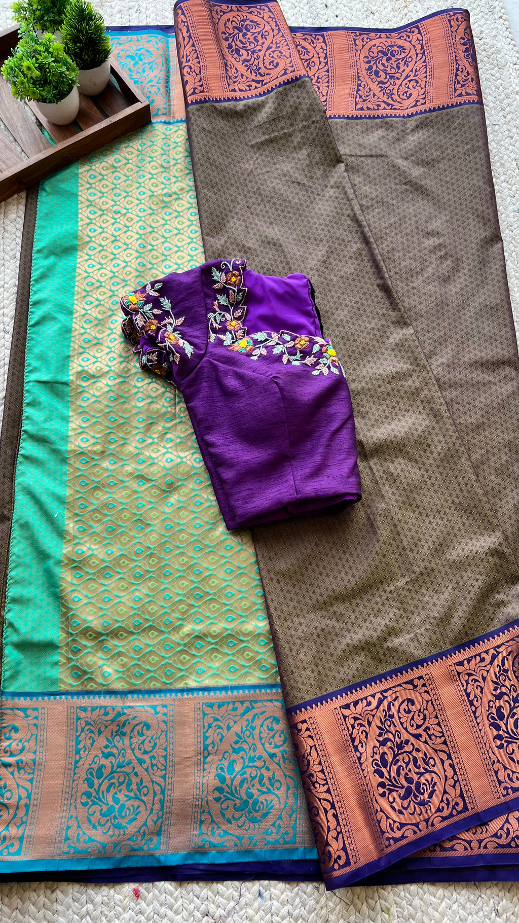 Chocolate brown silk saree with hand worked blouse
