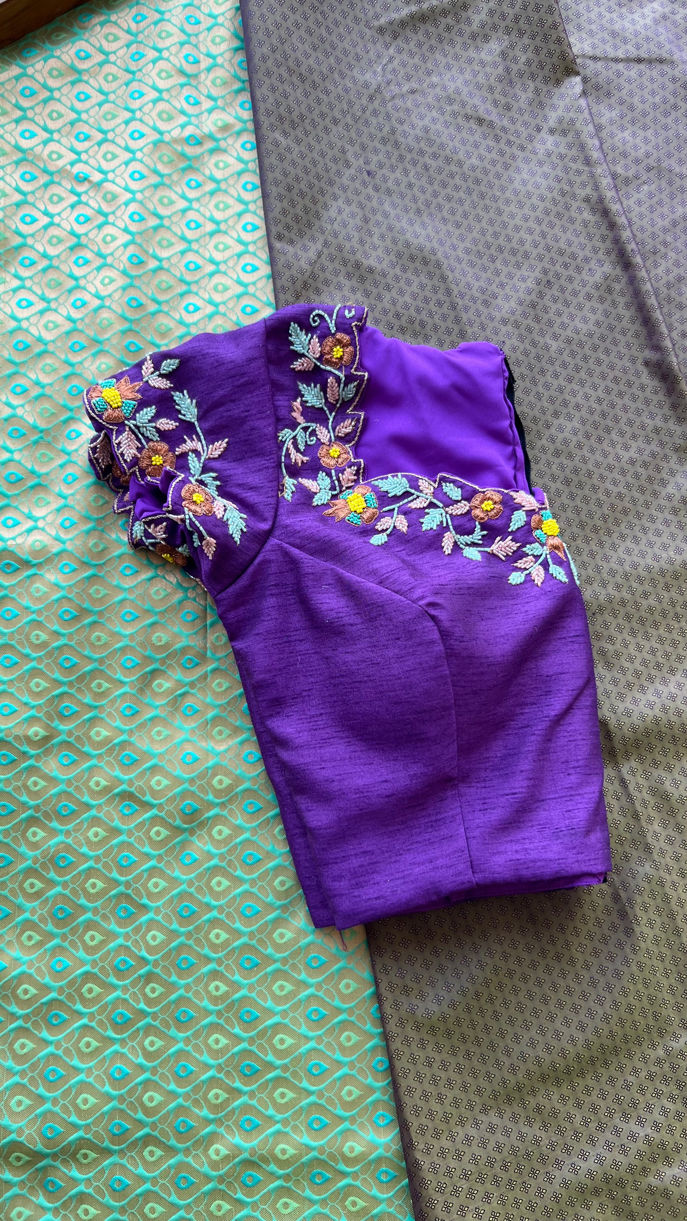 Chocolate brown silk saree with hand worked blouse