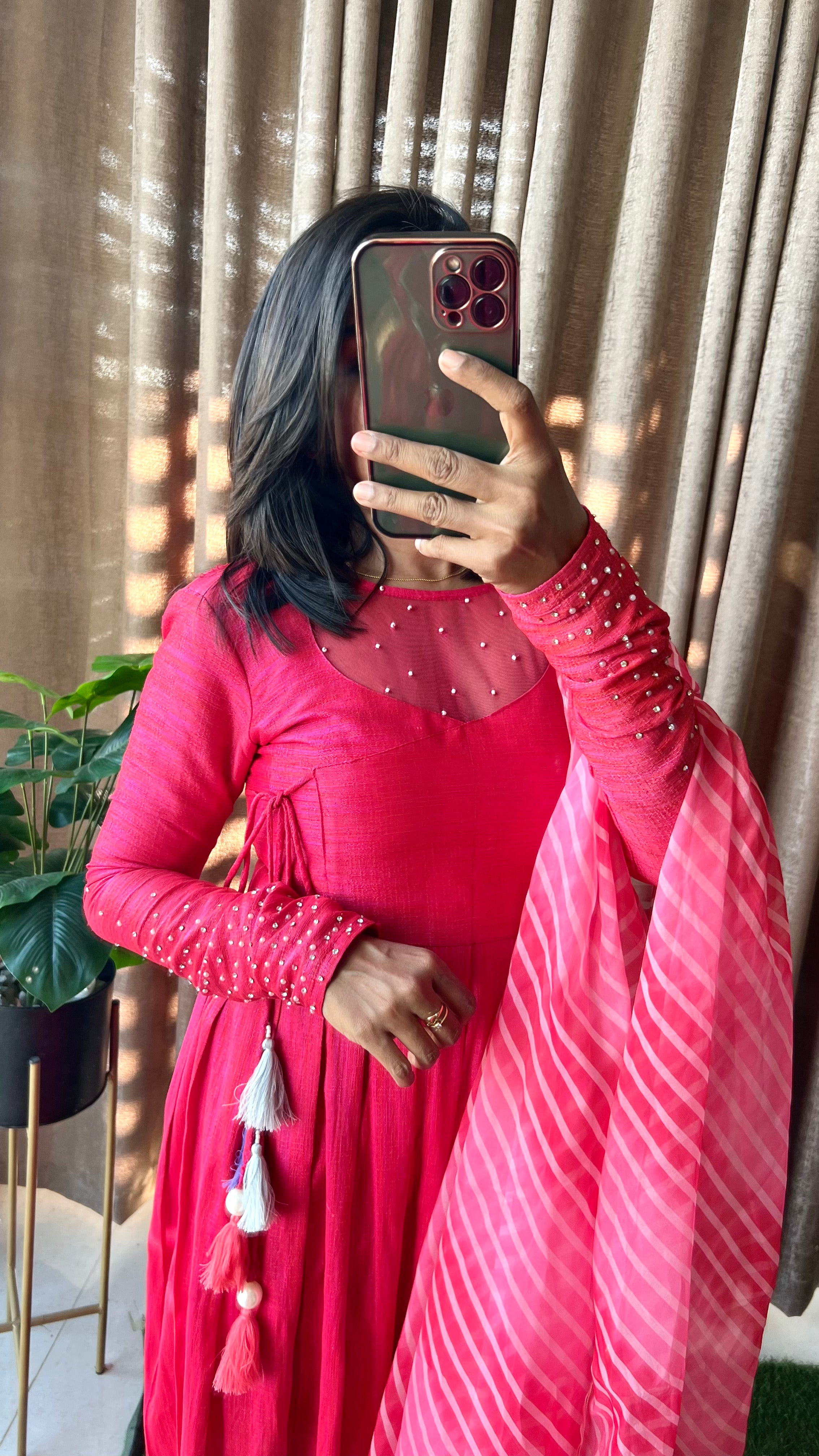 Pink silk maxi dress salwar suit of hand worked top and Duppata