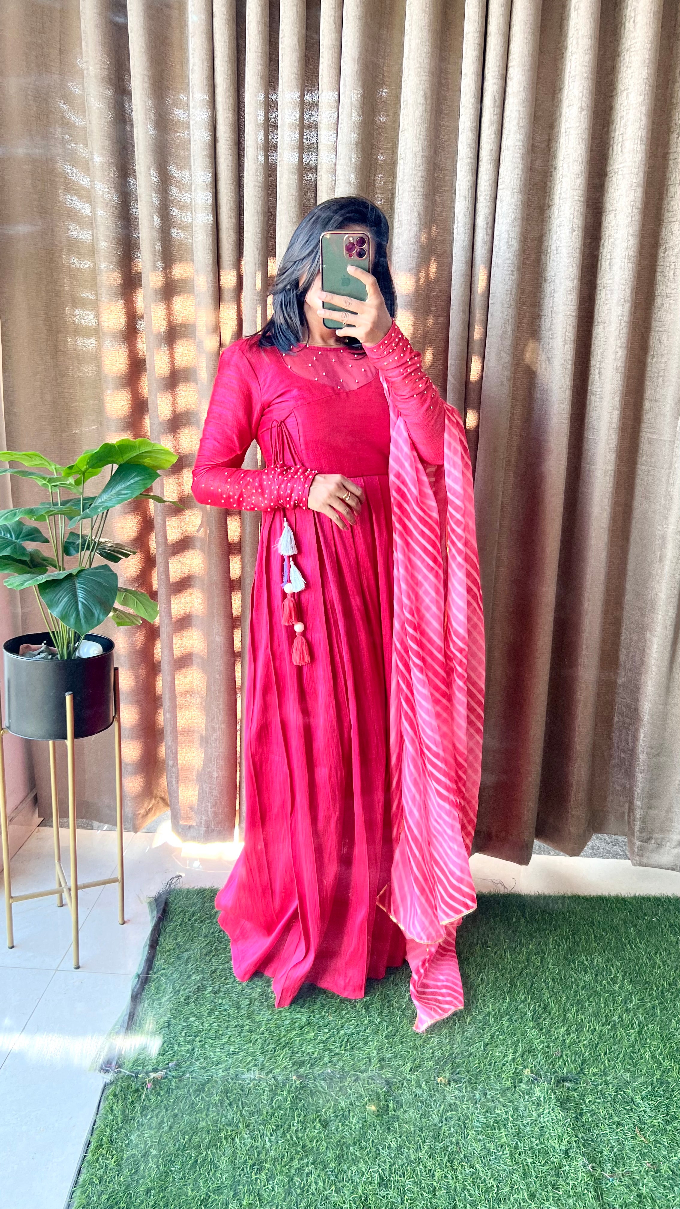 Pink silk maxi dress salwar suit of hand worked top and Duppata