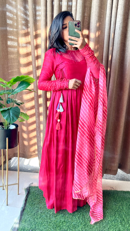 Pink silk maxi dress salwar suit of hand worked top and Duppata