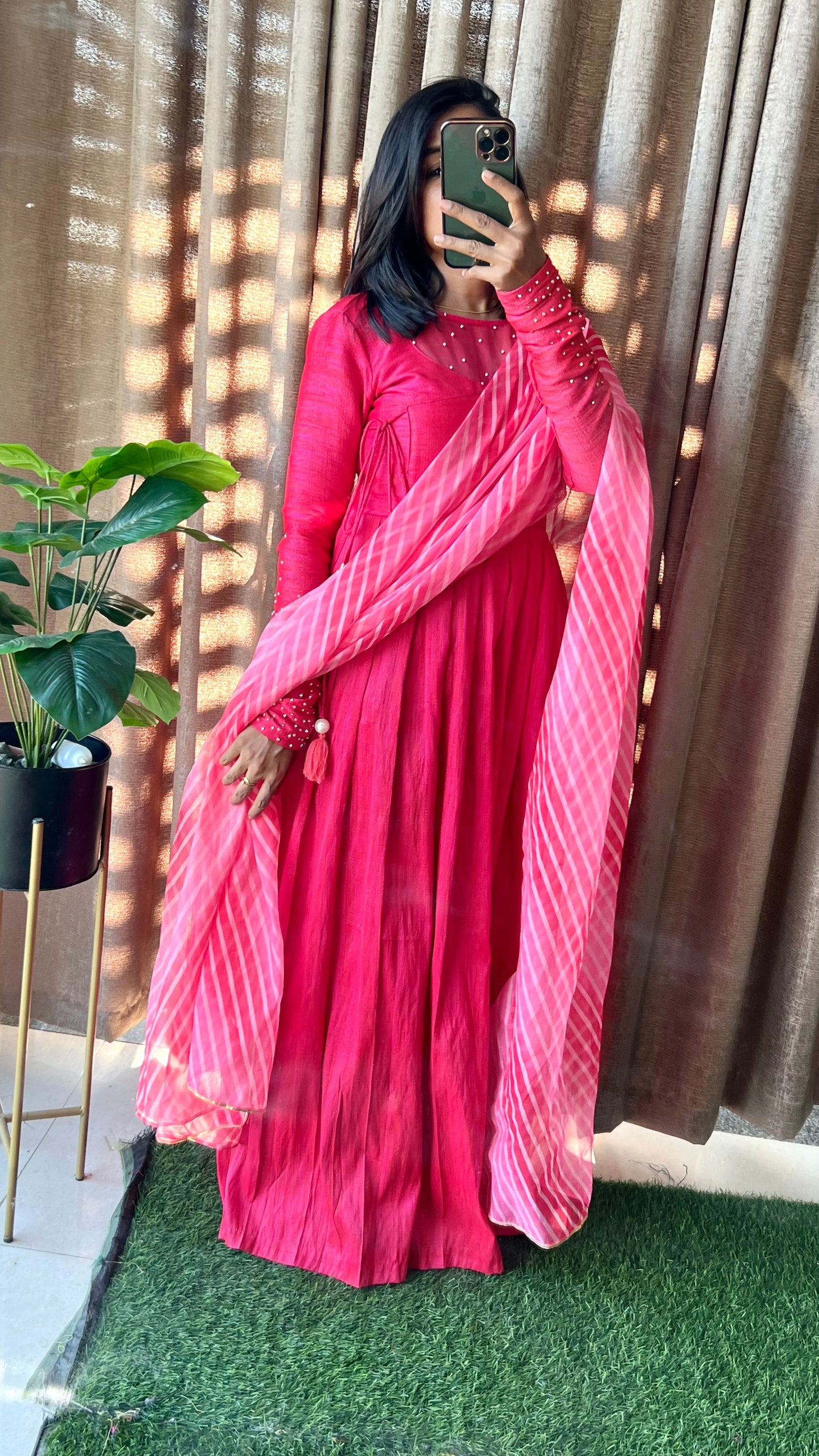 Pink silk maxi dress salwar suit of hand worked top and Duppata