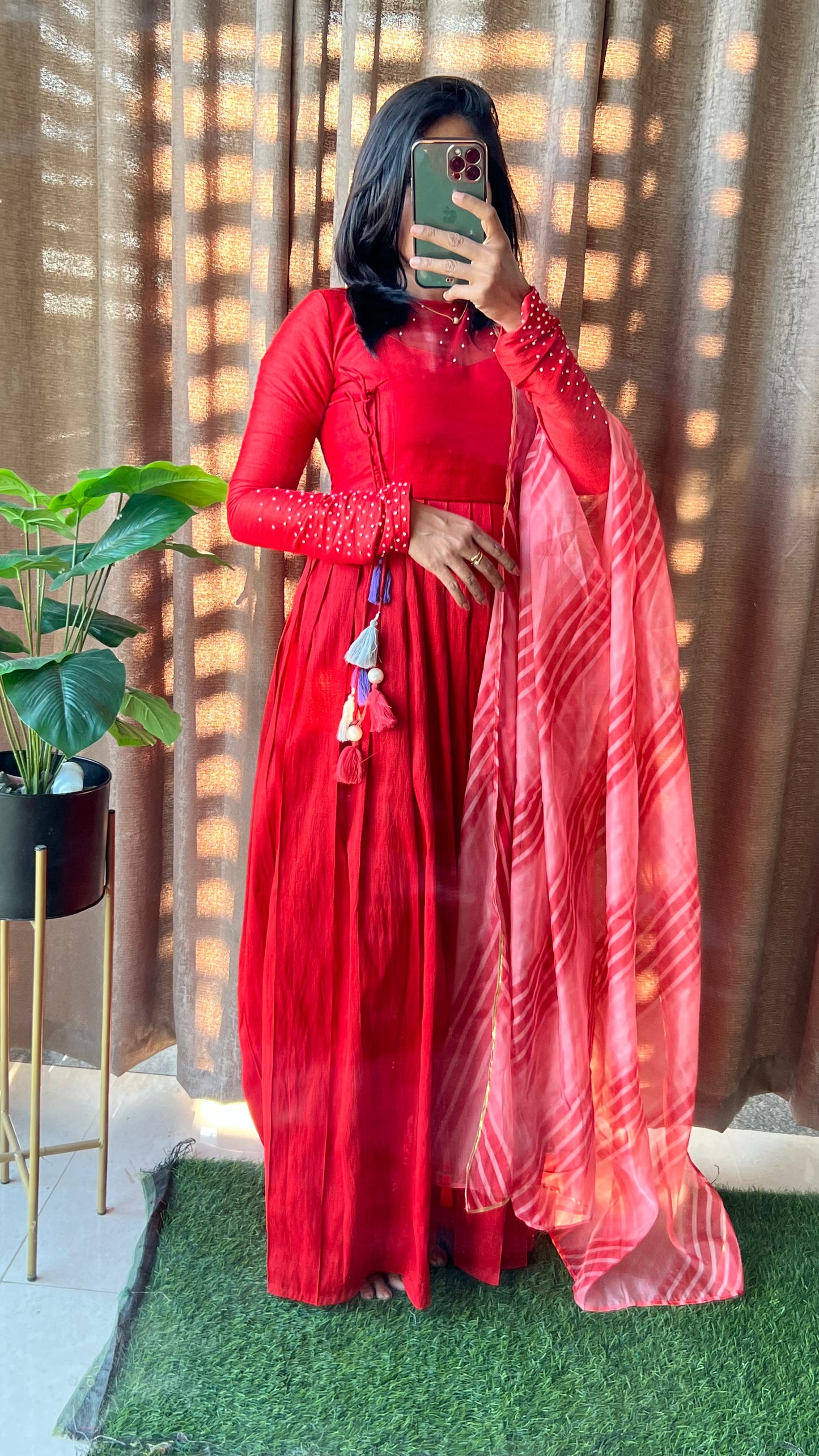 Red silk maxi dress salwar suit of hand worked top and Duppata