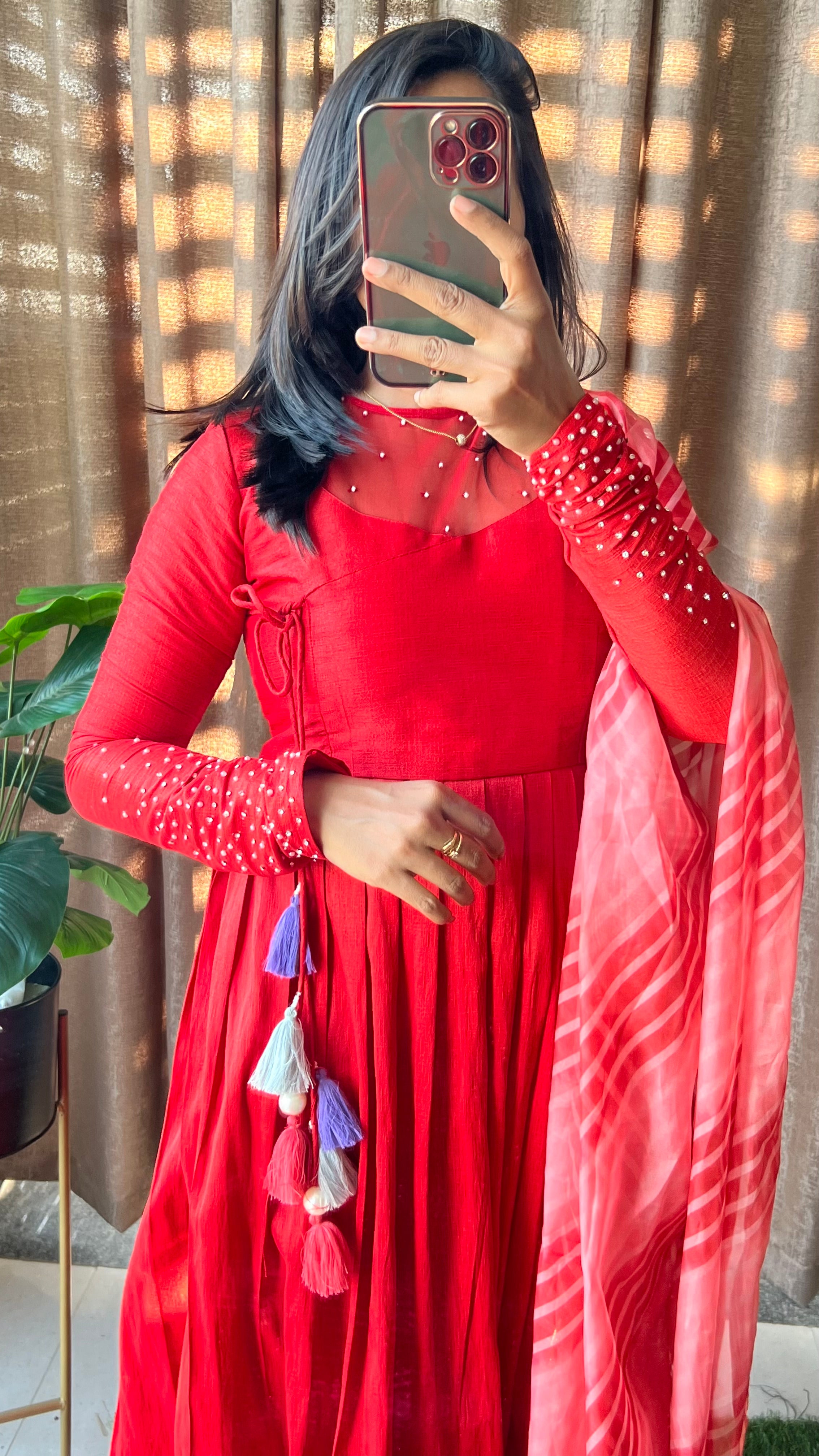 Red silk maxi dress salwar suit of hand worked top and Duppata