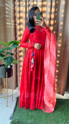 Red silk maxi dress salwar suit of hand worked top and Duppata